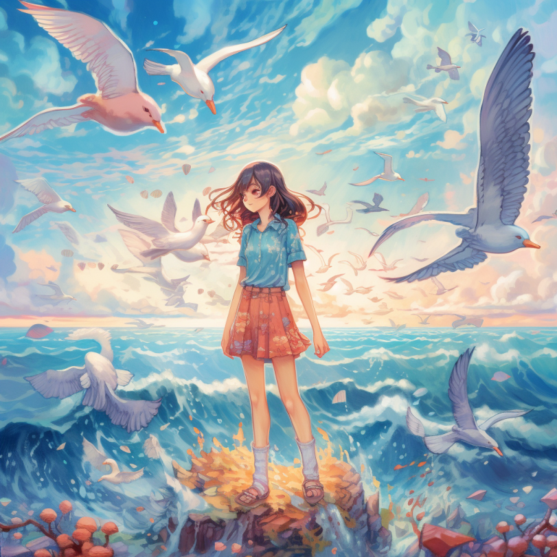 长腿女孩站在幻想世界的海洋上的效果图